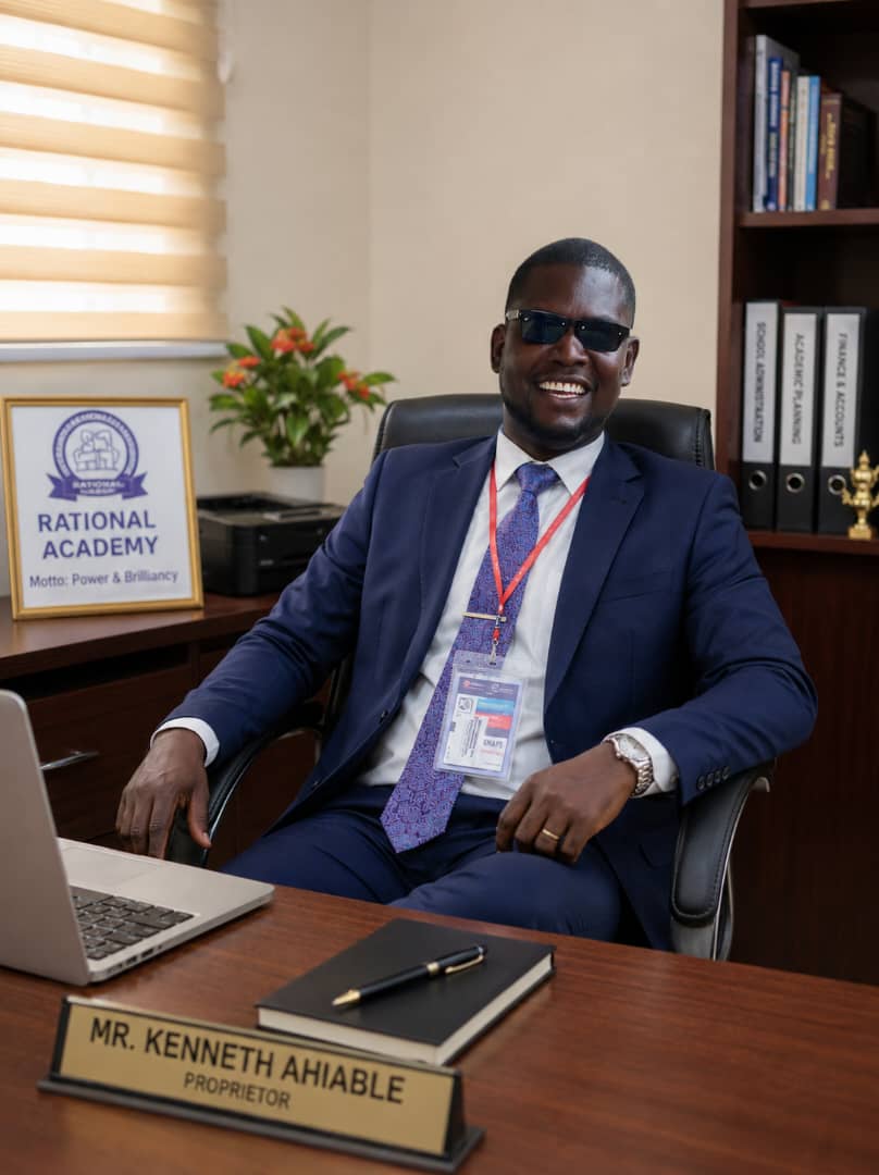 Mr. Kenneth Ahiable, Proprietor of Rational Academy, at his desk