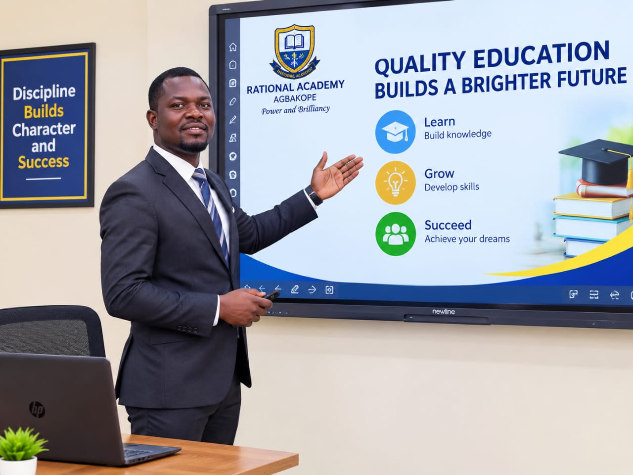 Mr. Kenneth Ahiable presenting at an interactive smartboard reading Quality Education Builds A Brighter Future